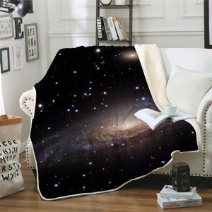 Starry Galaxy Universe Brown Sherpa Blanket Spread on a Sofa Couch in a Living Room