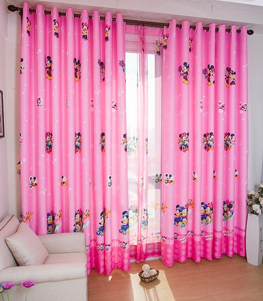 Disney Pink Minnie Mouse Curtain - shown over a window with a Minnie Mouse tulle backing