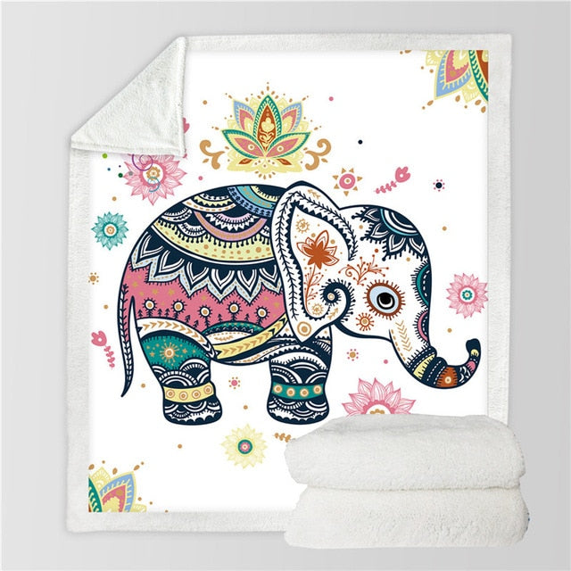 Rainbow Elephant Sherpa Fleece Throw Blanket