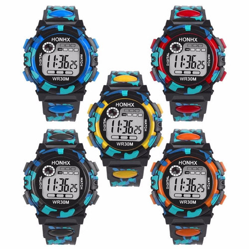 Image showing 5 color variants of a HONHX digital sports watch for kids