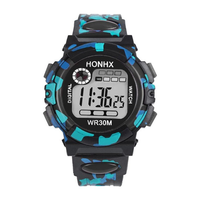 Front view of HONHX digital sports watch in black color