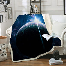 Blue Earth in Galaxy Sherpa Blanket Spread on a Sofa Couch in a Living Room