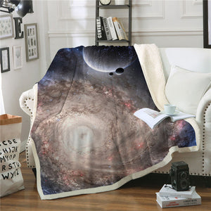 Planets Galaxy Universe Light Brown Sherpa Blanket Spread on a Sofa Couch in a Living Room