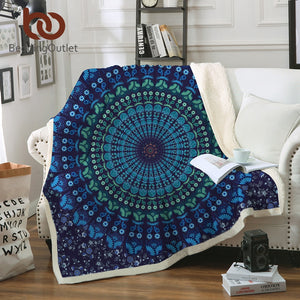 Quad Bohemian Round Mandala Sherpa Fleece Throw Blanket