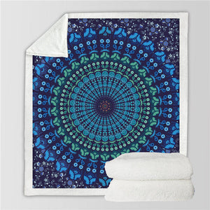 Quad Bohemian Round Mandala Sherpa Fleece Throw Blanket