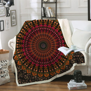 Quad Bohemian Round Mandala Sherpa Fleece Throw Blanket